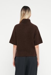 Rudas, trumpas rankovėmis megztinis su aukšta apykakle, turintis minkštą tekstūrą. Dėvimas su tamsiais dryžuotais kelnėmis. Rodyti iš galinės pusės.