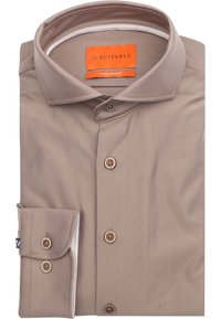 Bruine visgraat blouse met vierwegstretch en een contrasterende kraag. Voorzien van een knoopsluiting aan de voorkant en een enkel-knopmanchet.