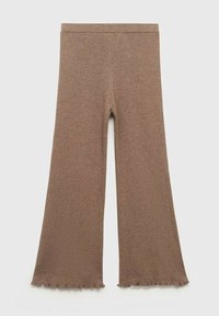 Bruna utsvängda byxor gjorda av ribbad trikå, med en bred midja och scalloped kanter vid fållen.