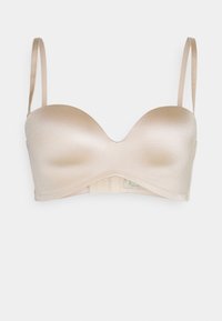 Beige satin padded bra with a deep plunge design, adjustable straps, and hook-and-eye closure for secure fit. Smooth texture and seamless cups.