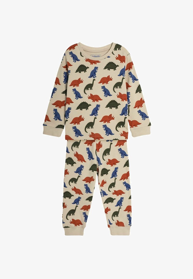 Cotton pajama set featuring a cream background with colorful dinosaur patterns in red, green, and blue. Includes long sleeves and pants.