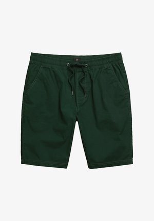 Green shorts made from lightweight fabric, featuring an elastic waistband with drawstring, and side pockets for convenience.