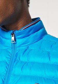 Giacca imbottita con zip di colore blu brillante e colletto alto. Presenta un bordo a righe a contrasto e una texture liscia e lucida.