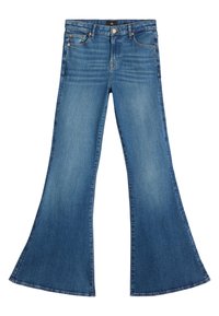 Dzwony z niebieskiego denimu w jasnym odcieniu. Mają średni stan, design z pięcioma kieszeniami oraz wyraźnie rozszerzane nogawki.