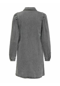 Robe en denim gris avec col, manches bouffantes longues et poignets boutonnés. Présente un ourlet légèrement courbé et des détails de couture discrets.