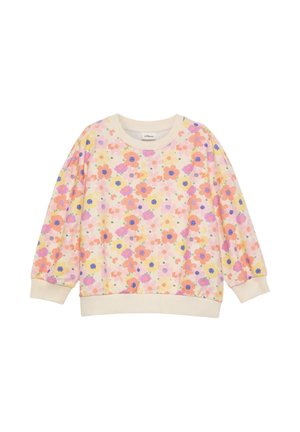 Crèmekleurige longsleeve sweatshirt met een bloemenpatroon in roze, oranje, geel en paars en geribbelde manchetten en zoom.