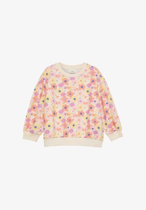 Felpa a maniche lunghe color crema con motivo floreale rosa, arancione, giallo e viola, con polsini e orlo a costine.