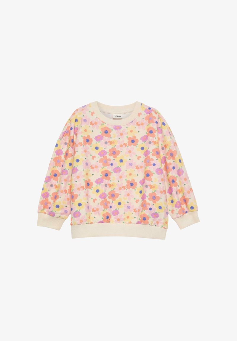 Sweat-shirt à manches longues couleur crème avec un motif floral rose, orange, jaune et violet, et des poignets et un ourlet côtelés.
