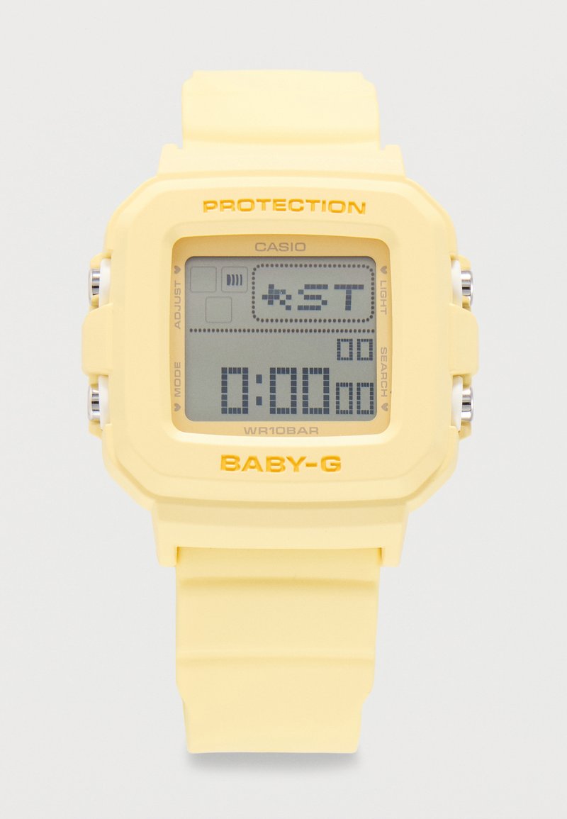 Κίτρινο ψηφιακό ρολόι Casio Baby-G με τετράγωνη οθόνη που δείχνει λειτουργία χρονόμετρου στο 0:00.00 και κίτρινο λουράκι από καουτσούκ.