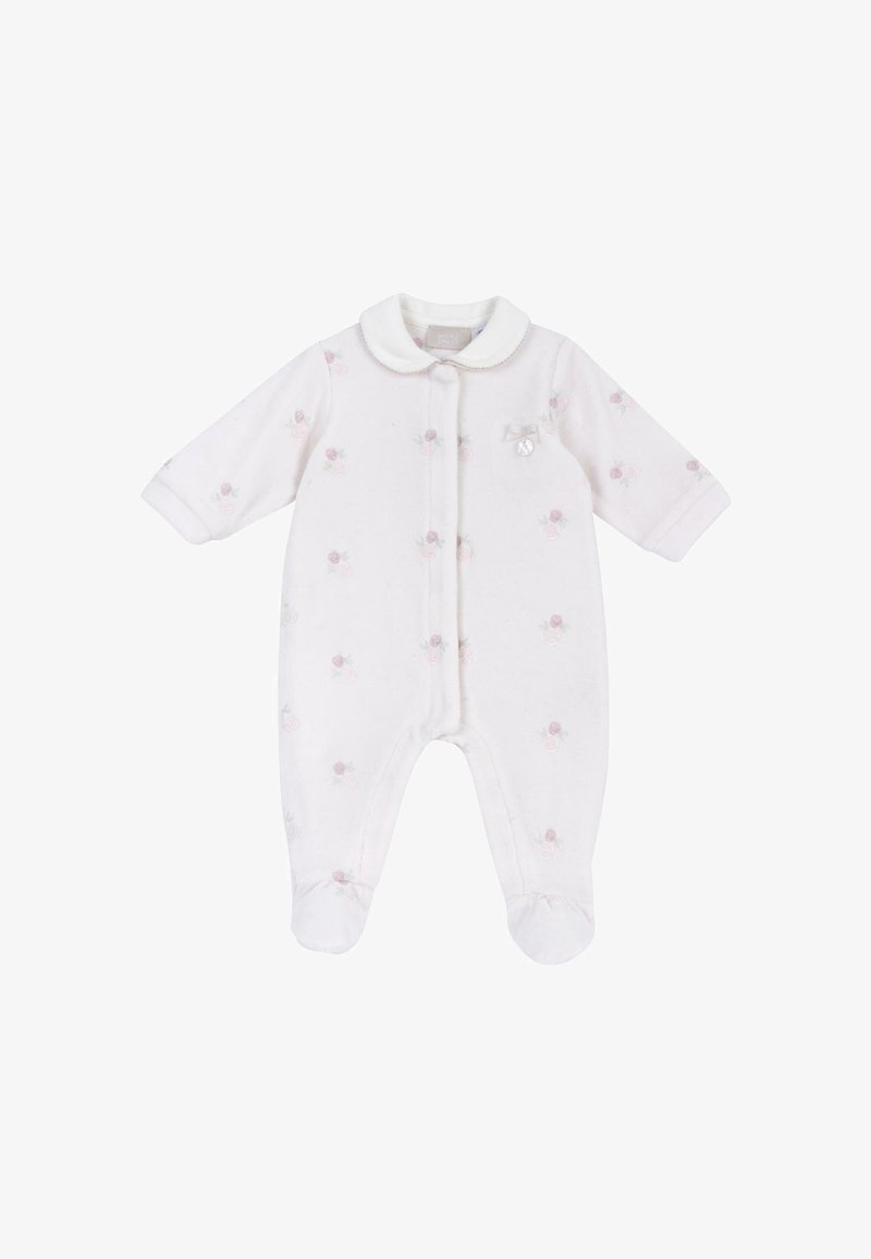Grenouillère blanche pour bébé avec pieds, manches longues, petit imprimé floral rose et un délicat nœud avec un bouton près du col.