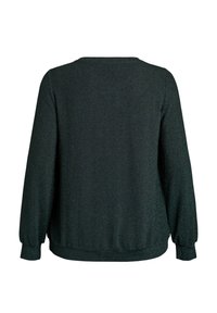 Ciemnozielony, fakturowany sweter z okrągłym dekoltem, długimi rękawami i marszczonymi mankietami; ma subtelny połysk i luźny krój.