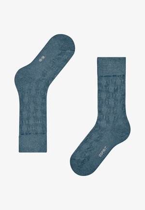 Twee blauwe sokken met textuur tot halverwege de kuit, waarvan één de zool met maat 35-38 toont en de andere de zijkant met de merknaam Esprit.