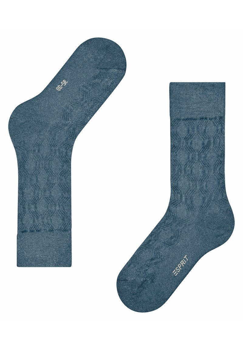 Dwie niebieskie, teksturowane skarpetki do połowy łydki, jedna pokazująca podeszwę z rozmiarem 35-38, druga pokazująca bok z nazwą marki Esprit.