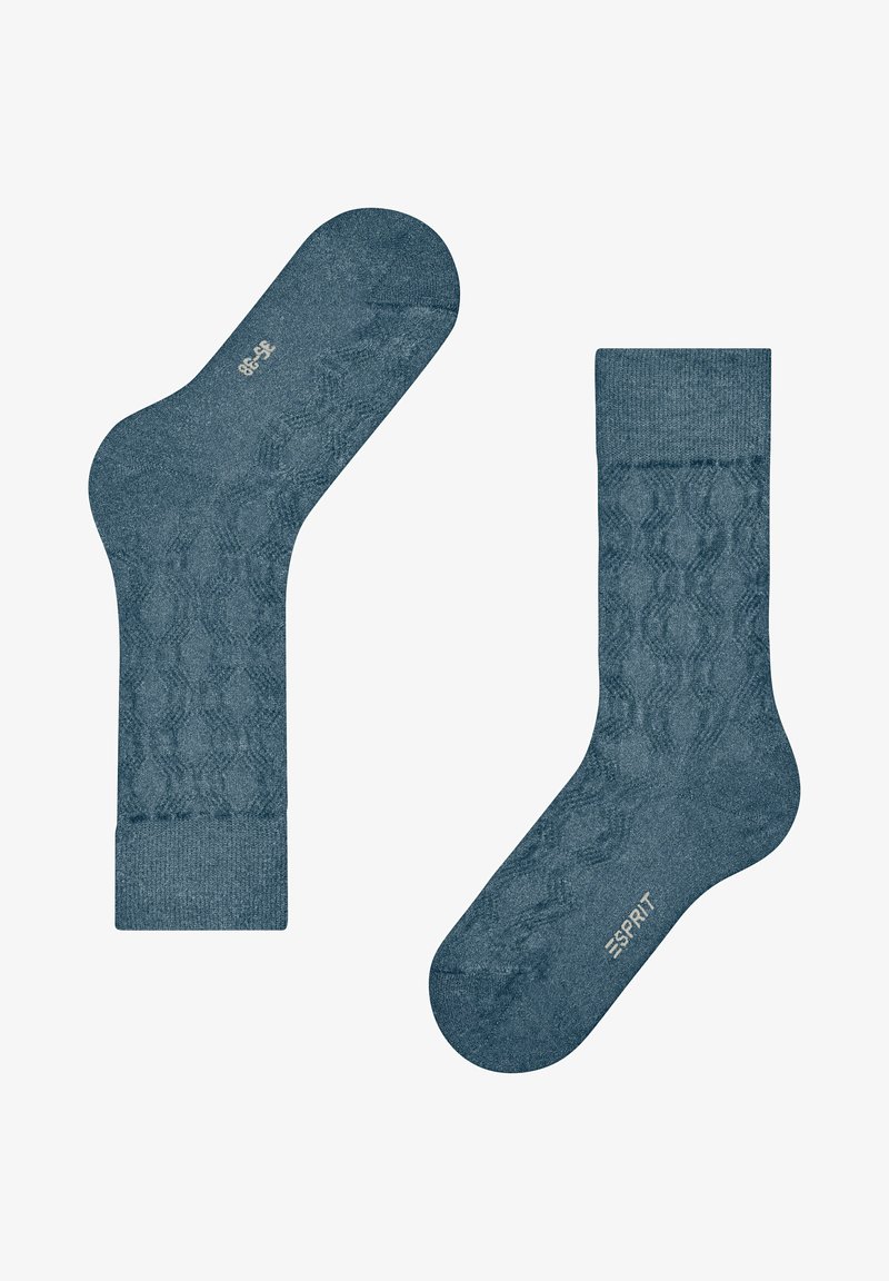 Dwie niebieskie, teksturowane skarpetki do połowy łydki, jedna pokazująca podeszwę z rozmiarem 35-38, druga pokazująca bok z nazwą marki Esprit.