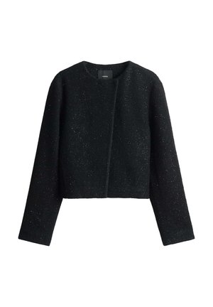 Schwarze, kurz geschnittene Jacke aus strukturiertem Material mit subtilen schimmernden Akzenten. Sie hat lange Ärmel und einen runden Halsausschnitt. Es sind keine Verschlüsse vorhanden.