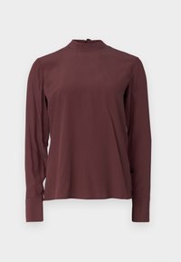 Burgundy long-sleeve blouse with a high neckline, subtle sheen, and button closure at the back. Smooth fabric and fitted sleeves.