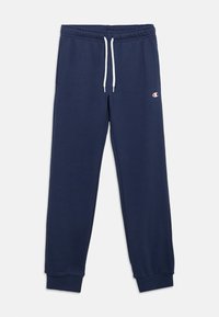 Pantalon de survêtement bleu marine en mélange de coton, doté d'une taille élastique avec cordon de serrage, de poignets côtelés et d'un petit logo sur la cuisse gauche.