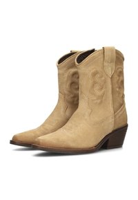 Botas de vaquero de ante color arena con punta puntiaguda, tacón apilado y un intrincado diseño bordado en los laterales. Cuentan con lengüetas para facilitar el calzado.