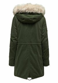 Parka d'hiver vert foncé à manches longues, taille ajustable et capuche bordée d'une fausse fourrure marron clair, vue de dos.