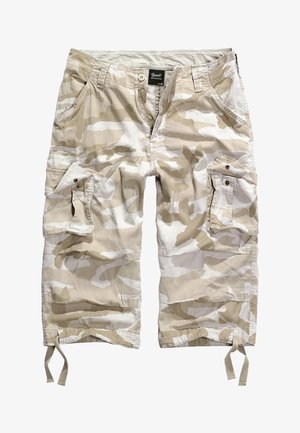 Șorturi cargo bej cu camuflaj, având multiple buzunare, închidere cu nasture și șnururi la tiv, fabricate dintr-o țesătură ușoară și durabilă.