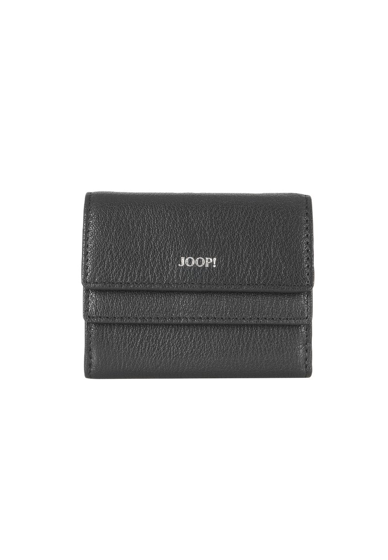 Black leather wallet with a textured finish, featuring a flap closure and embossed logo. Includes card slots on the front.