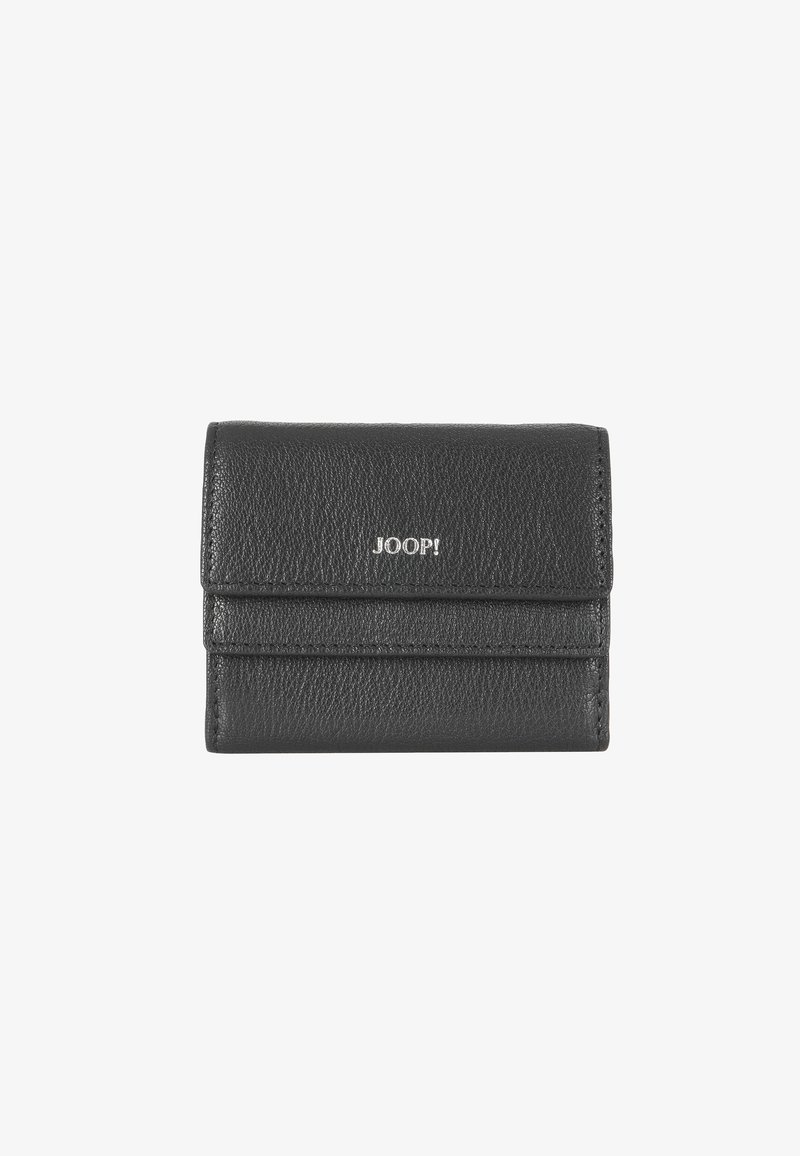 Black leather wallet with a textured finish, featuring a flap closure and embossed logo. Includes card slots on the front.