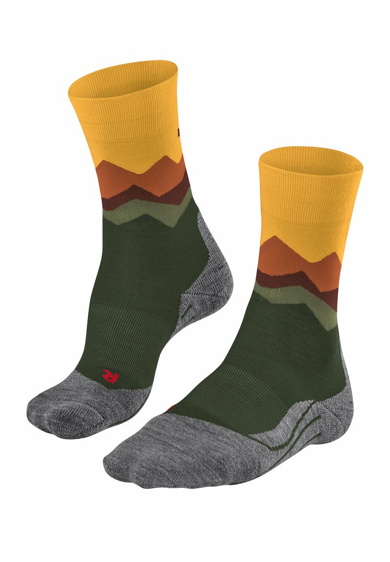 Calze al ginocchio con un motivo montano giallo, marrone e verde; plantare grigio e aree rinforzate sulla punta e sul tallone; risvolto a coste.