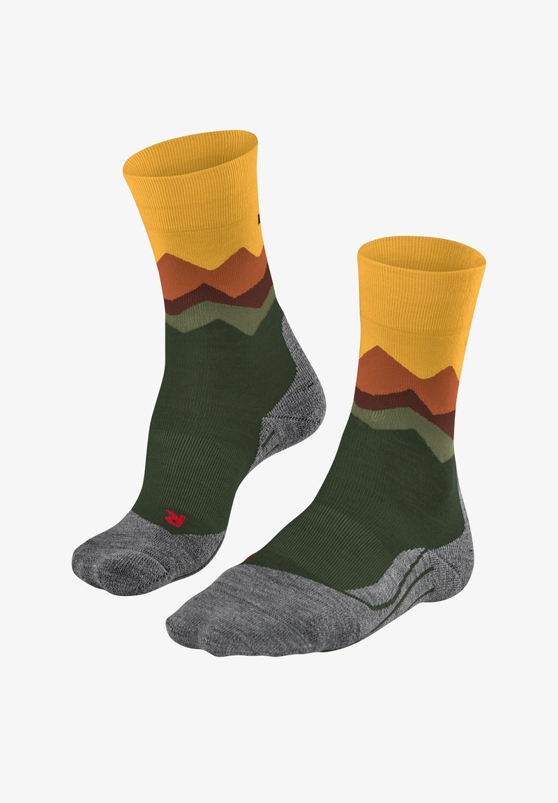 Calze al ginocchio con un motivo montano giallo, marrone e verde; plantare grigio e aree rinforzate sulla punta e sul tallone; risvolto a coste.