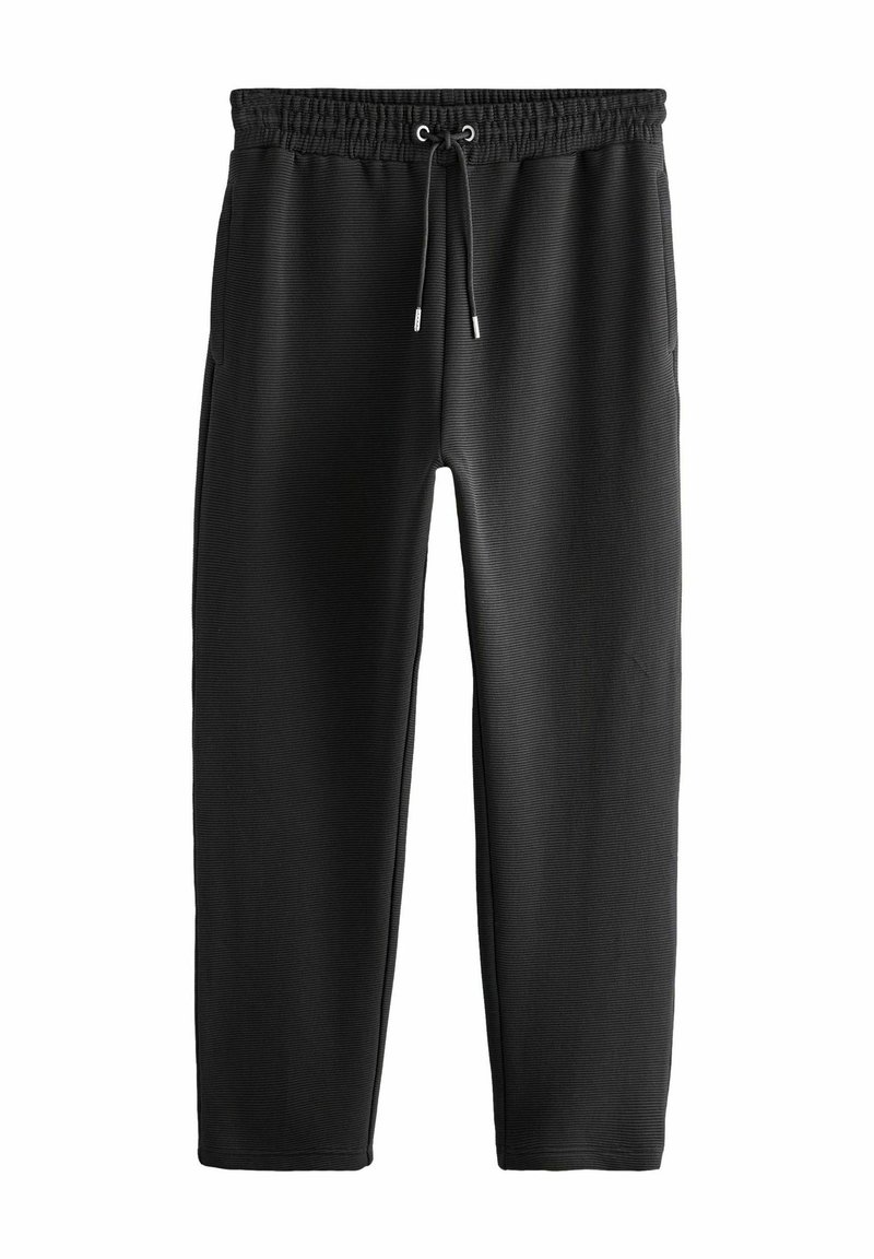 Sorte sweatpants lavet af struktureret stof, med elastisk talje og snørebånd, sidelommer og tætsiddende ben.
