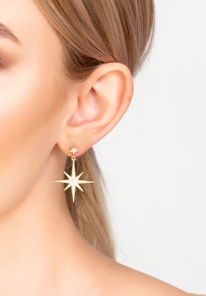 Gold star-shaped earrings with a cubic zirconia accent at the lobe, featuring a textured finish and hanging design.