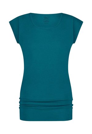 Haut turquoise à manches courtes avec un col arrondi et un ourlet froncé. Fabriqué à partir d'un matériau flexible, présentant une texture lisse et un design simple.