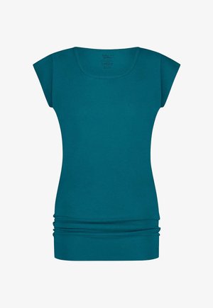 Türkiser Kurzarm-Oberteil mit Rundhalsausschnitt und gerafftem Saum. Hergestellt aus flexiblem Material, mit glatter Textur und einfachem Design.