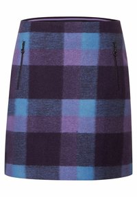 Rutigt kjol i lila och blå nyanser, med två sidofickor med dragkedja och rak skärning, presenterad mot en neutral bakgrund.