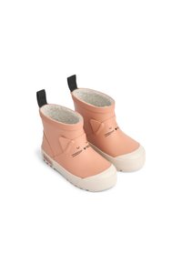 Bottes en caoutchouc roses avec doublure en peluche, présentant un design de visage de chat, bout arrondi et semelle en caoutchouc blanche, deux languettes noires sur le talon.