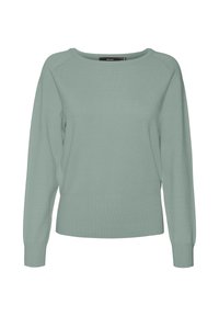 Pull vert clair à manches longues, col rond et poignets côtelés. Fait en tissu tricoté doux avec une texture lisse.