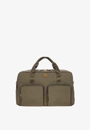 Borsa da viaggio in tessuto verde oliva con due tasche anteriori con zip, manici superiori e un patch con logo. Presenta hardware della zip in tonalità dorata.