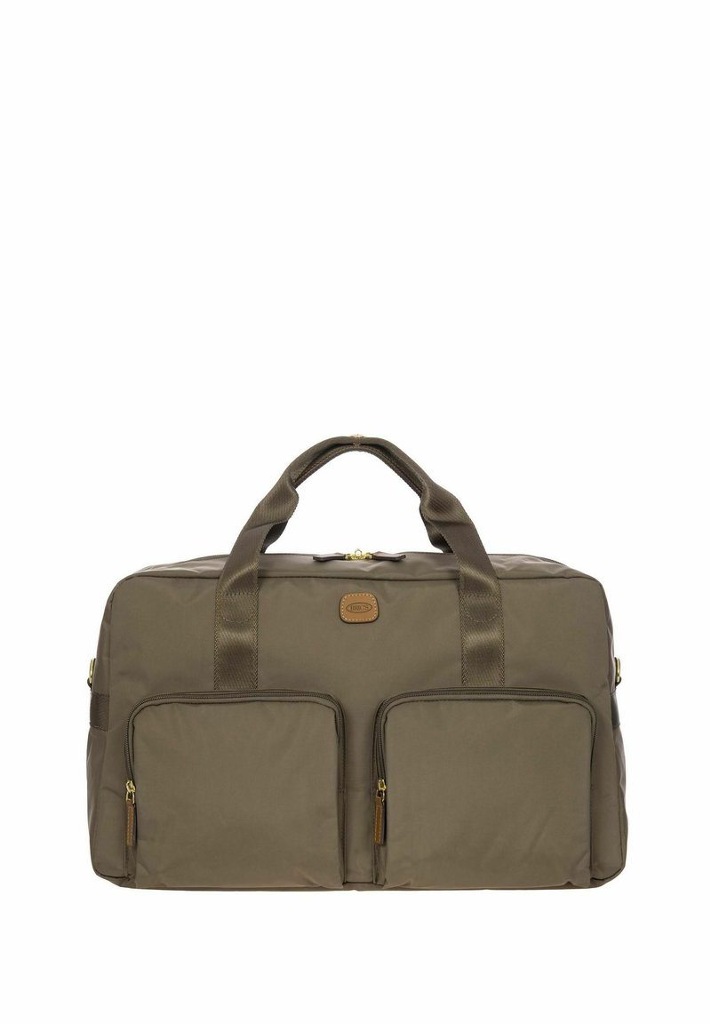 Borsa da viaggio in tessuto verde oliva con due tasche anteriori con zip, manici superiori e un patch con logo. Presenta hardware della zip in tonalità dorata.