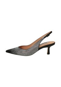 Slingback con punta a punta in nero e argento con un design di strass scintillanti, un tacco a blocco basso e una fodera interna color carne.