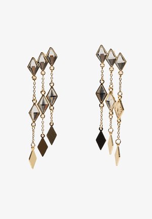 Gold-tone drop earrings featuring multiple diamond-shaped gray and clear stones, with dangling geometric accents in varying sizes and colors.
