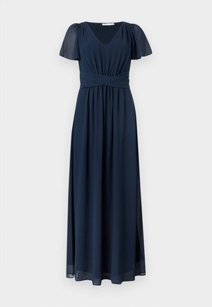 Marineblauwe lange jurk met V-hals, getailleerde taille, korte wijdvallende mouwen en vloeiende chiffon stof.