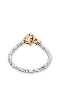 Pulsera de cuentas de plata con cierre de langosta dorado. Textura suave, cuentas de tamaño uniforme y acabado pulido que realzan su apariencia.