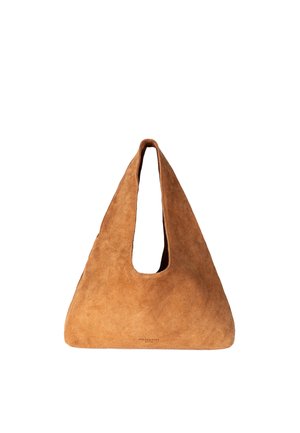 Soft brown suede triangular handbag with a single wide handle and small brand text near the base on a white background.