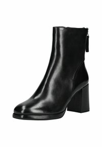 Botas de cuero negras hasta el tobillo con un acabado suave, punta cuadrada y tacón grueso alto. Cierre de cremallera lateral y diseño minimalista.