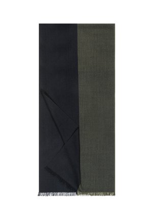 Two-tone scarf with black on the left and dark olive green on the right, featuring subtle fringed edges along the bottom.