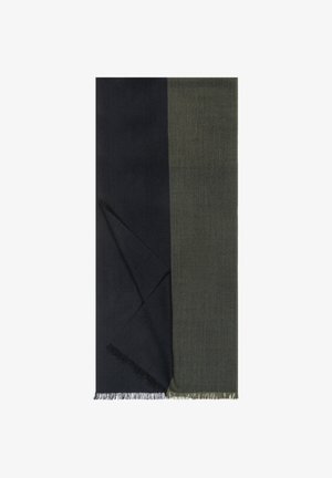 Two-tone scarf with black on the left and dark olive green on the right, featuring subtle fringed edges along the bottom.