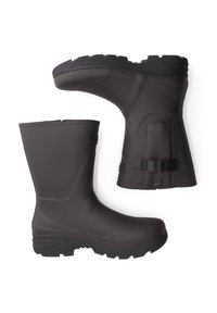 Bordeauxkleurige waterdichte rubberen laarzen met een gladde, gestructureerde oppervlakte. Voorzien van een dikke zool en verstelbare riemdetails rond de enkel.