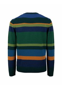 Strickpullover mit horizontalen Streifen in Grün, Blau, Marineblau und Orange. Rundhalsausschnitt und gerippte Bündchen an den Ärmeln und am Saum.