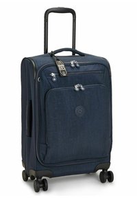 Navy blue suitcase with a textured fabric, retractable handle, dual wheels, and multiple zippered compartments, plus a luggage tag.
