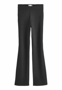 Zwarte flared broek gemaakt van zachte stof, met een brede tailleband en een gladde textuur, met een strakke, op maat gemaakte silhouet.
