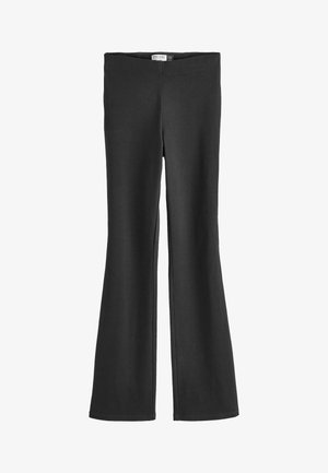 Black flared pants made of soft fabric, with a wide waistband and smooth texture, featuring a clean, tailored silhouette.